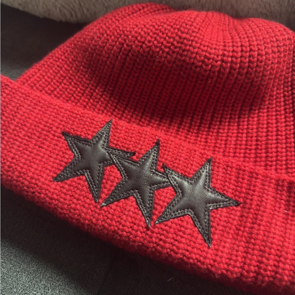 Kids Red Knit Beanie with Black Stars